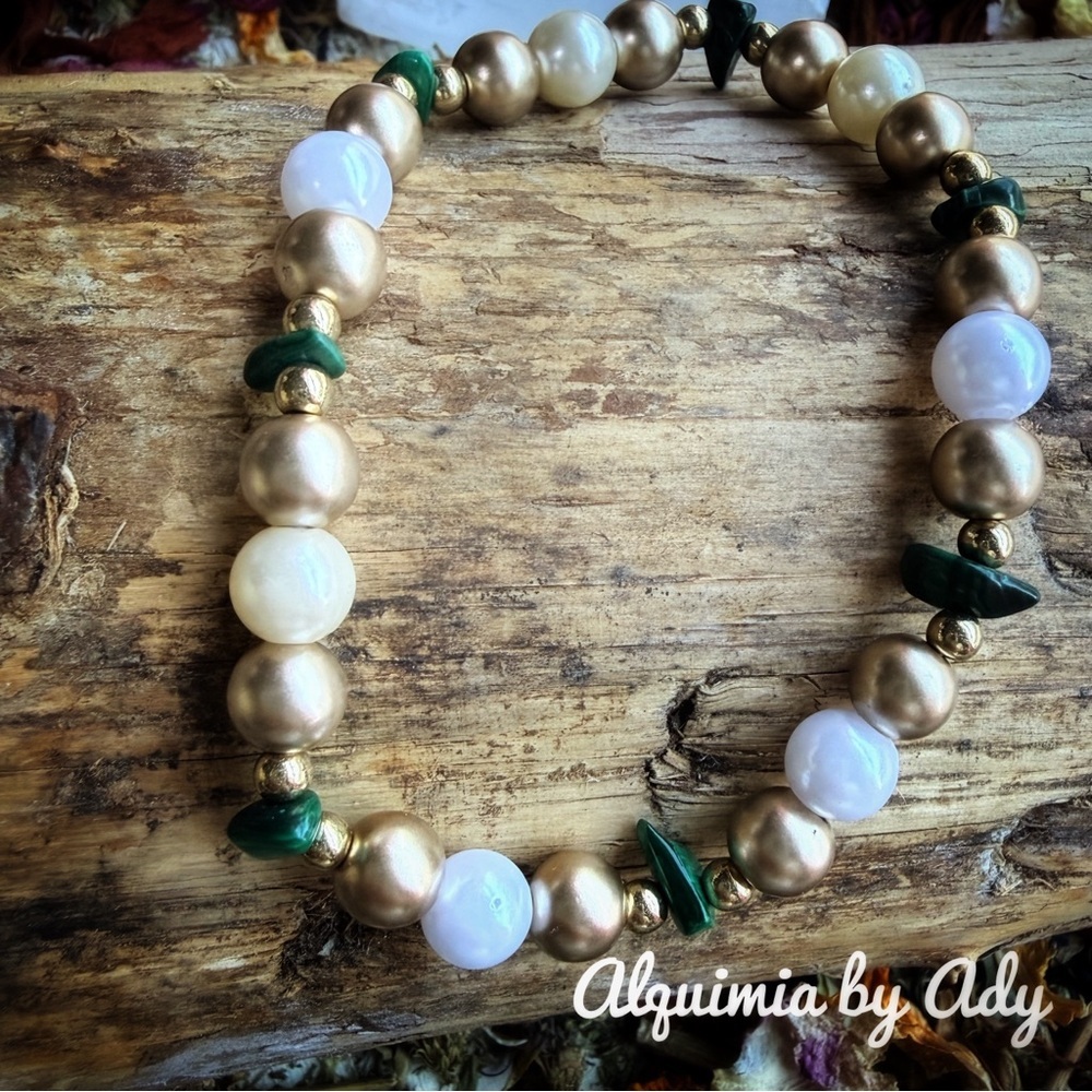 Grandma approved Green gemstones and White Beaded Bracelet